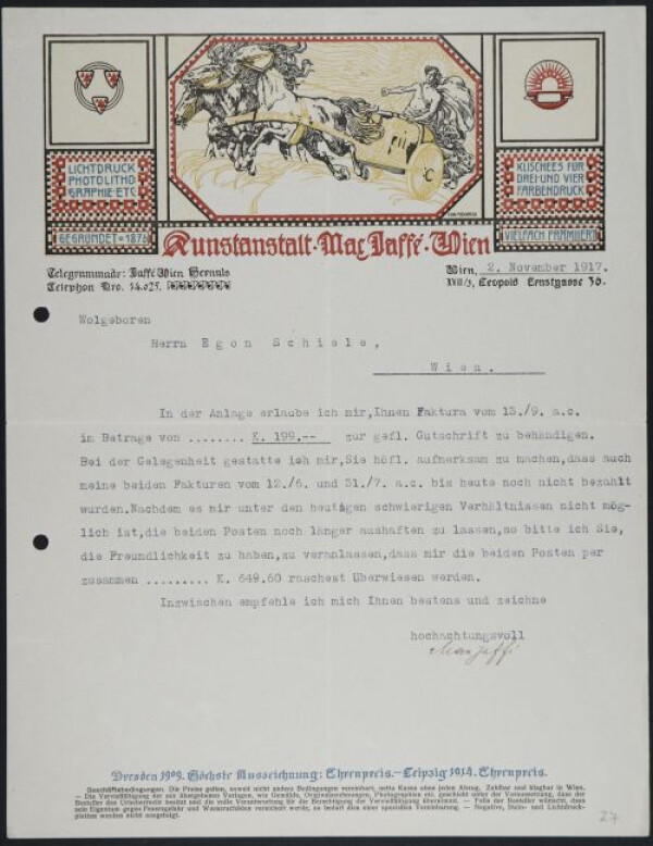 Typewritten letter from Max Jaffé to Egon Schiele
