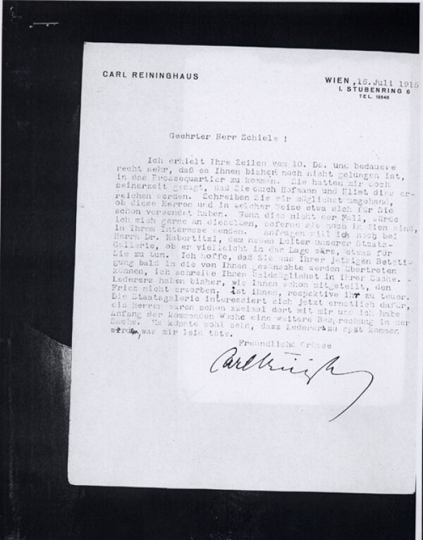 Typewritten letter from Carl Reininghaus to Egon Schiele 