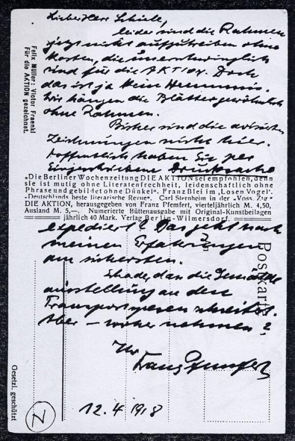 Postcard from Franz Pfemfert/Die Aktion to Egon Schiele Bild 2