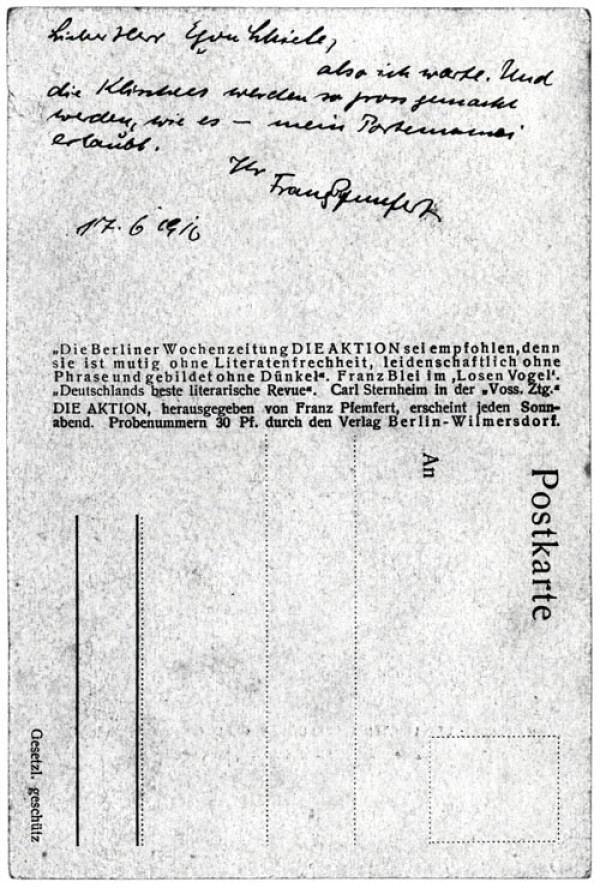 Postkarte von Franz Pfemfert/Die Aktion an Egon Schiele Bild 2