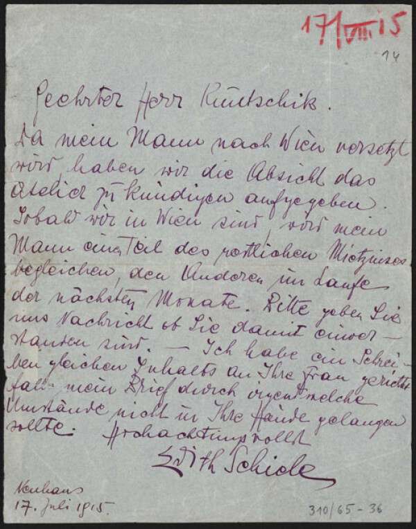 Brief von Edith Schiele an Moritz Otto Kuntschik
