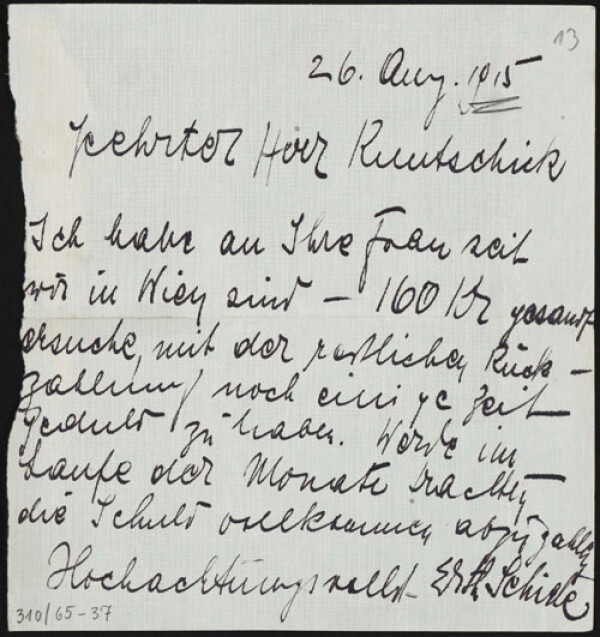 Brief von Edith Schiele an Moritz Otto Kuntschik