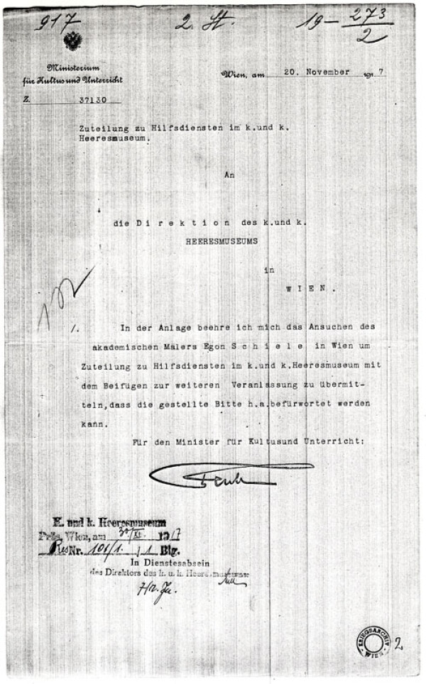 Maschinenschriftlicher Brief vom k. k. Ministerium für Kultus und Unterricht an die Direktion des k. u. k. Heeresmuseums