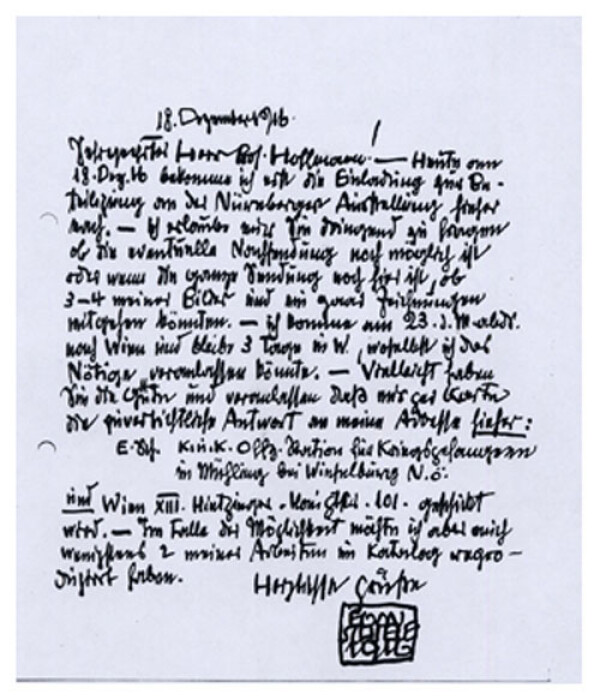 Brief von Egon Schiele an Josef Hoffmann 