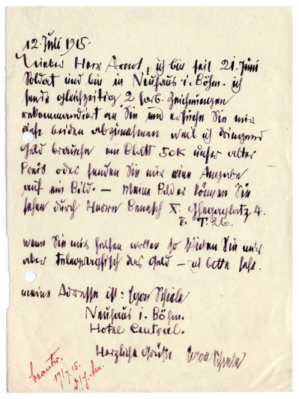 Brief von Egon Schiele an Guido Arnot 