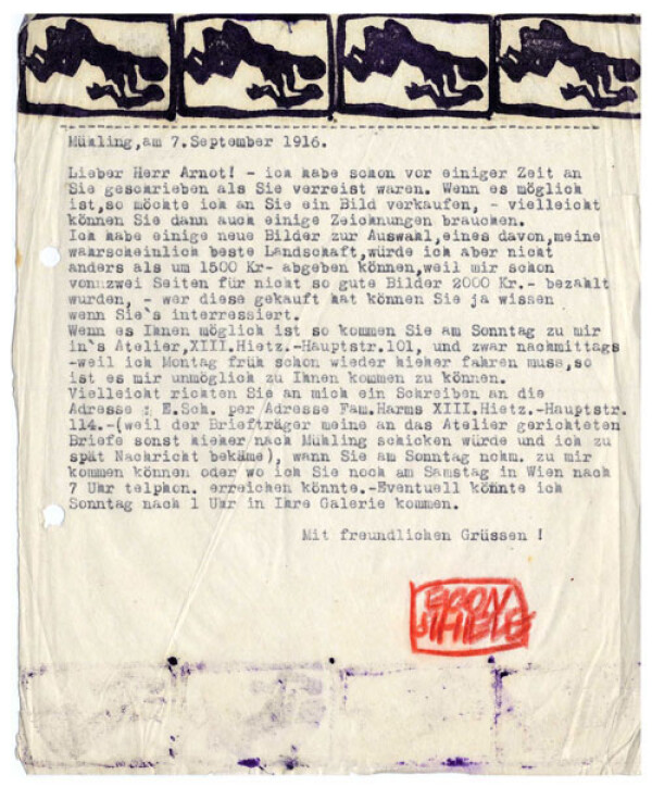Maschinenschriftlicher Brief von Egon Schiele an Guido Arnot 