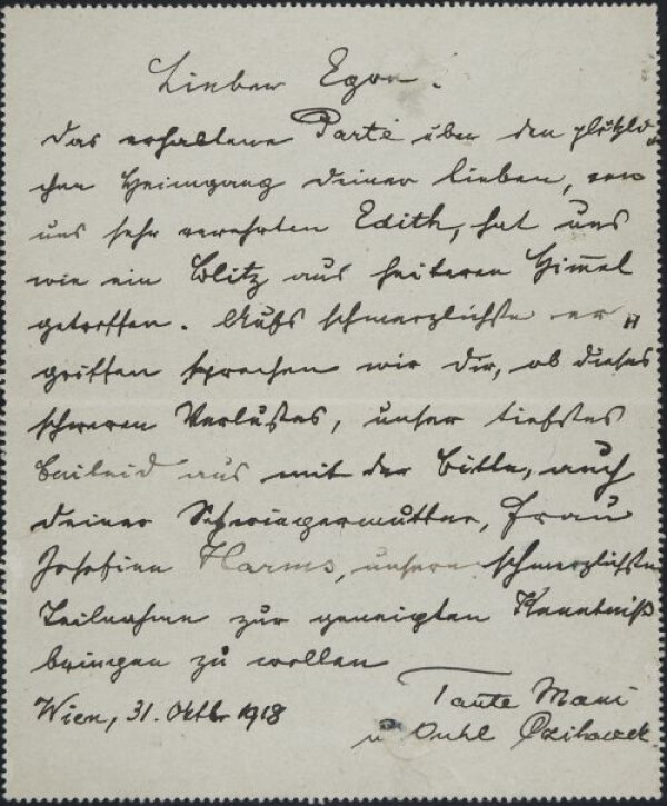 Kondolenzschreiben von Marie und Leopold Czihaczek an Egon Schiele zum Tod von Edith Schiele