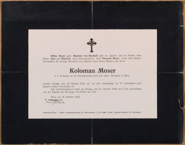 Partezettel von Koloman Moser, adressiert an Egon Schiele 