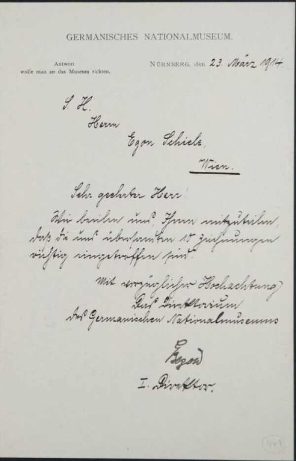 Brief von Gustav von Bezold/Germanisches Nationalmuseum an Egon Schiele