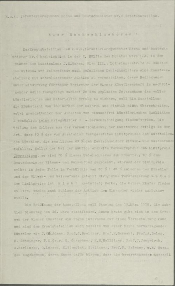 Maschinenschriftlicher Brief von Josef von Odelga/k. u. k. Infanterieregiment an Egon Schiele Bild 1
