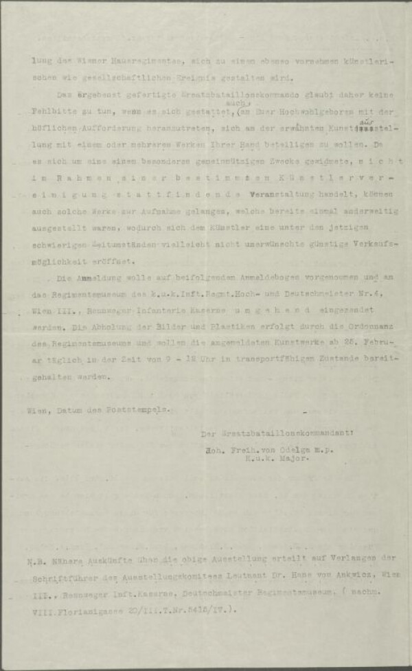 Maschinenschriftlicher Brief von Josef von Odelga/k. u. k. Infanterieregiment an Egon Schiele Bild 2