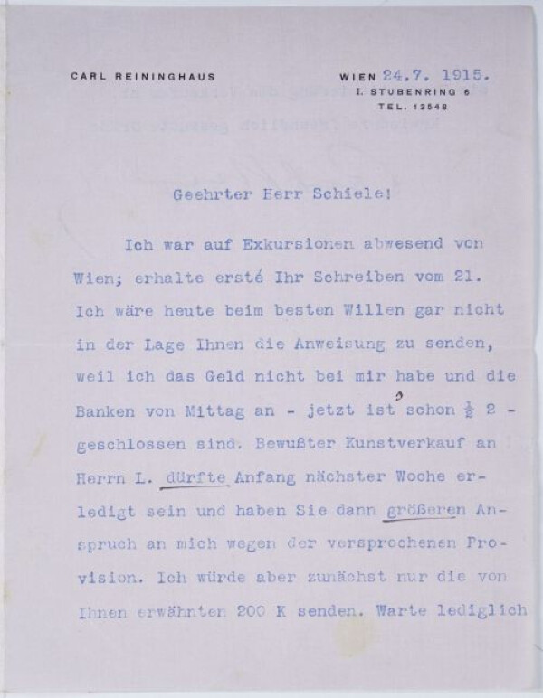 Letter from Carl Reininghaus to Egon Schiele 